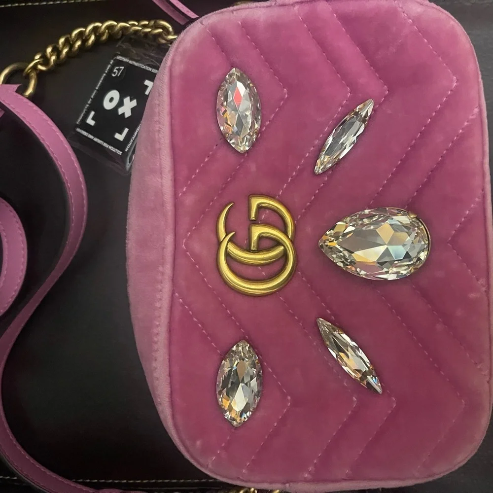 Gucci Pink Velvet Marmont Mini Crossbody Bag with Gold and Crystal Details